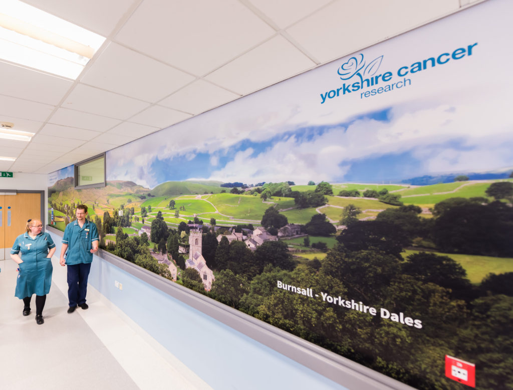 Yorkshire Cancer Research's new wall vinyls installed at the Bexley Wing at St James’s University Hospital in Leeds - depicting Yorkshire landscapes. Design & supply by designs signs and graphics centre in harrogate.
